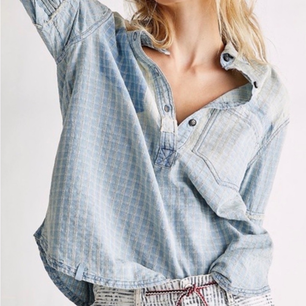 We The Free Washed Light Blue Plaid Pullover Shirt - Picture 3 of 5